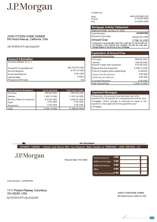 Download USA JP Morgan bank mortgage statement in Word and PDF formats Photoshop template